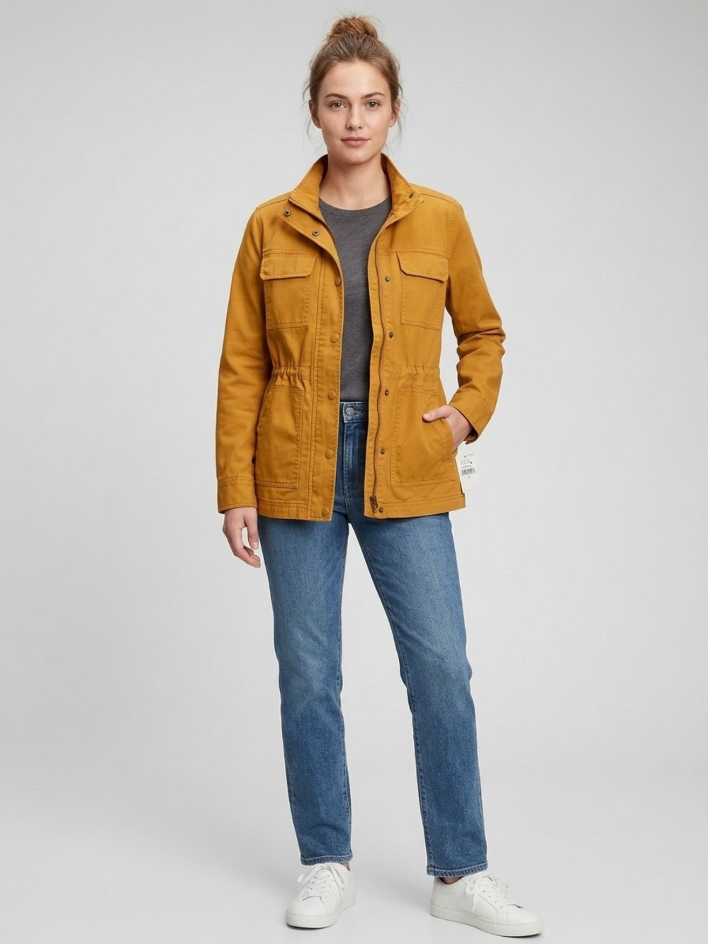 GAP Utility Jacket Women Full Zip Snap Button Cinch Waist Pocketed layering